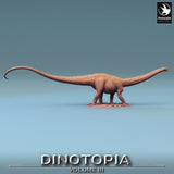 Side profile of a standing Diplodocus dinosaur figurine on a detailed natural forest floor base.