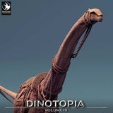 Close-up of the Diplodocus miniature head, featuring a leather headpiece and neck ropes.