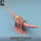 High angle view of the armored Diplodocus miniature, showcasing the detailed saddle and gear.
