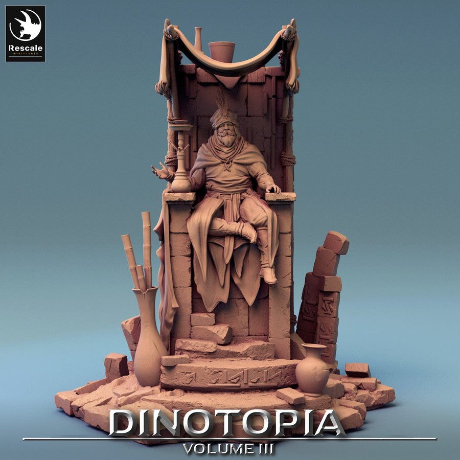 Front view of the Discuss Lord diorama showing the figure seated on an ornate stone throne with a hookah.