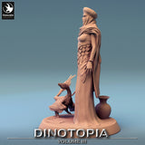 Side profile of female character figure with a small avian-like creature and vase terrain
