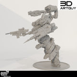 Seitenansicht der Kampfroboter-Miniatur, die die detaillierte mechanische Struktur und Ausrüstung zeigt.