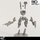 Einzelteile der 3D-gedruckten Kampfroboter-Miniatur, bestehend aus Chassis, Gliedmaßen und modularen Waffen.