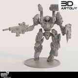 Frontansicht einer 3D-gedruckten Sci-Fi Kampfroboter-Miniatur mit schwerer Bewaffnung an den Armen.