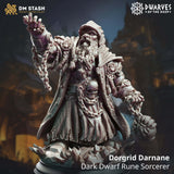 Dark dwarf sorcerer holding a glowing orb and chains, 3D-printed resin miniature for tabletop gaming.