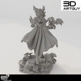 Rear view of the Dragon Queen 3D-printed miniature highlighting the scale-textured cloak and horn design