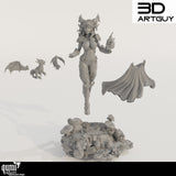 Exploded view of the Dragon Queen model showing the main figure, dragon companion, flame effect, and forest base