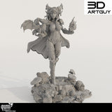Full view of the Dragon Queen resin miniature standing on a detailed forest floor base with a small dragon and fire