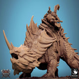 Close-up of the armored Axe Fighter sitting on a saddled, horned Drakanchor beast
