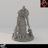 Side profile of the highly detailed Drenial and Bermegoth fantasy miniature with prayerful cultist figures.
