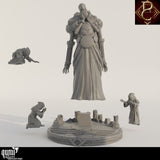 Exploded view of the 3D-printed resin miniature kit showing individual character parts and the textured base.