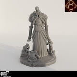 Front view of the Drenial and Bermegoth resin miniature showing the tall figure surrounded by kneeling cultists.