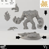 Exploded view of the fire golem kit showing the body, base, and flame attachments.