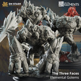 Three distinct fantasy elemental golems made of stone and crystals standing together