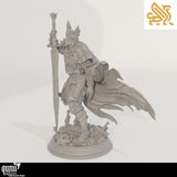 Side profile view of a knight miniature standing on a battlefield base with swords and helmets.