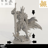 Digital render of a knight with a cracked sword and flowing cape on a debris base with scale reference chart.