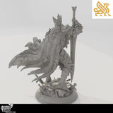 Rear angle of the knight miniature showcasing detailed armor and flowing cape