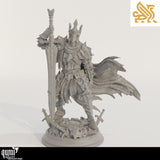 Close up front view of the knight miniature standing on a debris-filled base