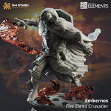 Embernos Fire Crusader miniature in grey resin with flaming spell effect sword on a round base