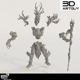 Einzelteile der Ent Zauberer Modellbausatz-Miniatur, bestehend aus Kopf, Rumpf, Gliedmaßen und Stab.