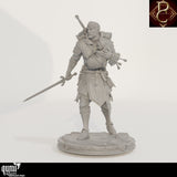 Ganzkörperansicht der 3D-gedruckten Resin-Miniatur eines Kämpfers mit Kind und Schwert.