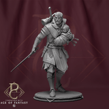 Menschliche Kämpfer Miniatur mit Kind und Schwert vor rotem Hintergrund.
