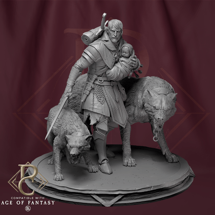 Grey 3D-printed resin miniature of a warrior carrying a child with two aggressive wolves, front view.