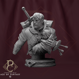 Detailed digital render of a warrior holding a swaddled infant, set against a dark red background.