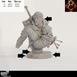 Assembled resin bust of a warrior carrying a baby, showing scale reference table for 75mm and 110mm options.