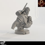 Right side profile of the Eon and the Child bust showing sword and backpack details