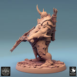 Side profile of a rotund executioner miniature carrying a large crossbow and a quiver of arrows on his back.