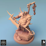 High-angle view of a hulking executioner miniature with a large axe and skull trophy pole on a rock base.