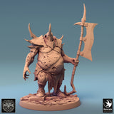 Front view of an armored executioner with a large axe, detailed skin texture, and a spiked helmet.