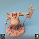 High-angle view of a bloated executioner miniature with a poleaxe, standing on a detailed cobblestone-textured base.