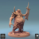 Side profile of a muscular, bloated warrior miniature with a horned helmet, holding a poleaxe on a stone base.