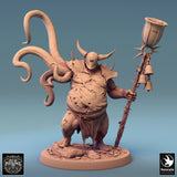 Front view of a bloated miniature with tentacles, horned helmet, and a bell-adorned staff on a textured round base.