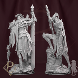 Rear and side view of the Fallen King Rasnov miniature with detailed cloak and base terrain.