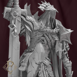 Detailed view of the armored torso, chain links, and weathered plate armor of the Fallen King miniature.