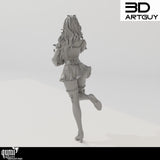 Rear view of a detailed resin NPC miniature showing intricate clothing and hair sculpt