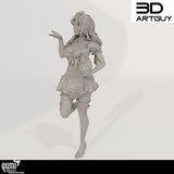 Front angle of a 3D-printed female NPC character miniature holding an animal companion