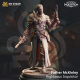 Father McKinley inquisitor miniature holding dual flintlock pistols, rendered in neutral gray resin.