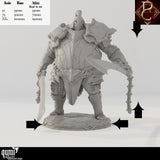 Front view of a armored warrior with a size comparison chart showing scale, base, and height dimensions.