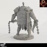 Rear view of a heavily armored warrior holding spiked chain weapons on a circular textured base.