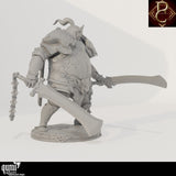 Side profile view of the Fathon miniature, highlighting the intricate armor plating and dual weapons.