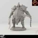 Front perspective of the assembled Fathon sword fighter miniature standing on a circular stone base.