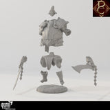 Unassembled resin parts of the Fathon sword fighter miniature, showing torso, legs, and weapon limbs.
