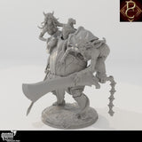 Angled view of a heavy knight figure with two demonic women perched on his shoulders, wielding large blades.