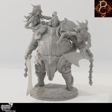 Front view of a bulky armored knight carrying two horned female figures, holding swords and a spiked flail.