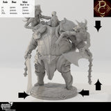 Side view of the Fathon N Scylas miniature with a scale reference chart for different sizes
