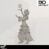 Side profile of the female wizard character focusing on the flowing dress and dynamic pose